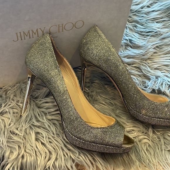 Jimmy Choo Luna 100 Platform Peep Toe Pumps | Metallic Bronze Lamè Glitter 37.5 - Picture 14 of 16